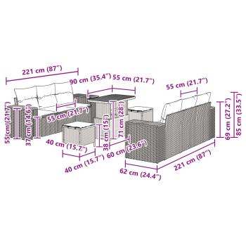 9-teiliges Garten Sofa Set mit Kissen - Schwarz - Poly-Rattan, Akazie, 3-teiliges Garten Ess-Set mit Kissen - Schwarz - Poly-Rattan, Akazie