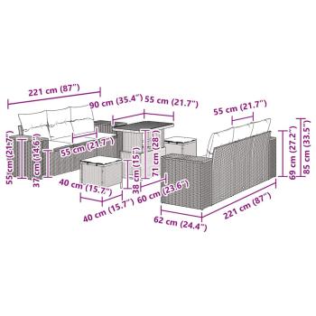 9-teiliges Garten-Sofa-Set mit Kissen Beige Poly Rattan Akazie, 3-teiliges Garten-Esszimmer-Set mit Kissen Beige Poly Rattan Akazie