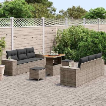 9-teiliges Garten Sofa Set mit Kissen Grau Poly Rattan Akazie, 3-teiliges Garten Esszimmer Set mit Kissen Grau Poly Rattan Akazie