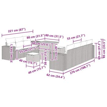 10-teiliges Garten-Sofa-Set mit Kissen Schwarz Poly Rattan Akazie, 3-teiliges Garten-Ess-Set mit Kissen Schwarz Poly Rattan Akazie