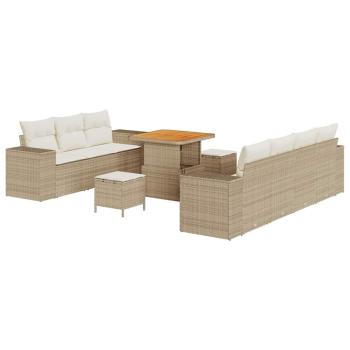 ARDEBO.de - 10-teiliges Garten Sofa Set mit Kissen Beige Poly Rattan Akazie, 3-teiliges Garten Esszimmer Set mit Kissen Beige Poly Rattan Akazie