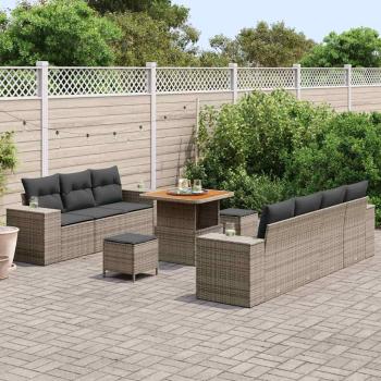 ARDEBO.de - 10-teiliges Garten Sofaset mit Kissen Grau Poly-Rattan Akazie, 3-teiliges Garten Ess-Set mit Kissen Grau Poly-Rattan Akazie