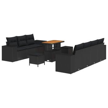 ARDEBO.de - 10-teiliges Garten Sofa Set mit Kissen Schwarz Poly Rattan Akazie, 3-teiliges Garten Esszimmer Set mit Kissen Schwarz Poly Rattan Akazie