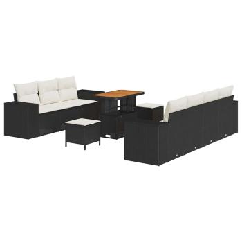 10-teiliges Garten-Sofa-Set mit Kissen Schwarz Poly-Rattan Akazie, 3-teiliges Garten-Ess-Set mit Kissen Schwarz Poly-Rattan Akazie
