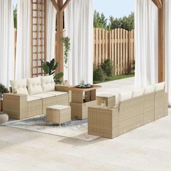 ARDEBO.de - 10-teiliges Garten Sofaset mit Kissen Beige Poly Rattan Akazie, 3-teiliges Garten Esszimmer Set mit Kissen Beige Poly Rattan Akazie