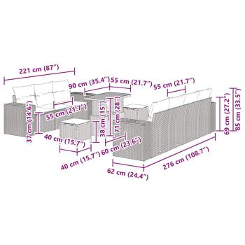 10-teiliges Garten-Sofa-Set mit Kissen Grau Poly Rattan Akazie, 3-teiliges Garten-Essset mit Kissen Grau Poly Rattan Akazie