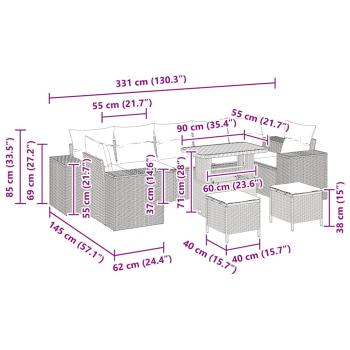 10-teiliges Garten Sofa Set mit Kissen Beige Poly Rattan Akazie, 3-teiliges Garten Ess-Set mit Kissen Beige Poly Rattan Akazie