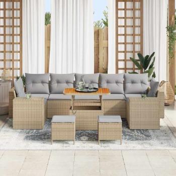 10-teiliges Garten Sofa Set mit Kissen Beige Poly Rattan Akazie, 3-teiliges Garten Ess-Set mit Kissen Beige Poly Rattan Akazie