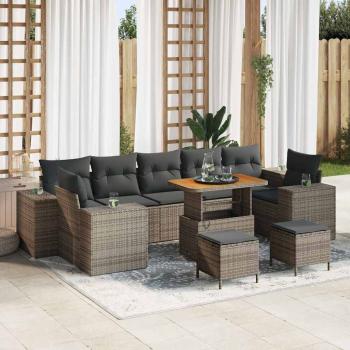 ARDEBO.de - 10-teiliges Garten Sofaset mit Kissen Grau Poly Rattan Akazie, 3-teiliges Garten Essset mit Kissen Grau Poly Rattan Akazie