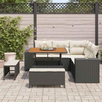 8-teiliges Garten Sofaset mit Kissen Schwarz Poly Rattan Akazie, 3-teiliges Garten Essset mit Kissen Schwarz Poly Rattan Akazie