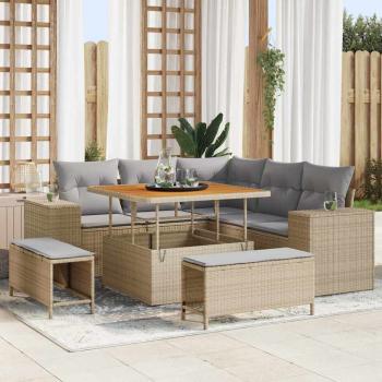 ARDEBO.de - 8-teilige Garten Sofagarnitur mit Kissen Beige Poly Rattan Akazie, 3-teilige Garten Essgruppe mit Kissen Beige Poly Rattan Akazie