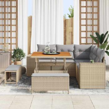 8-teilige Garten Sofagarnitur mit Kissen Beige Poly Rattan Akazie, 3-teilige Garten Essgruppe mit Kissen Beige Poly Rattan Akazie