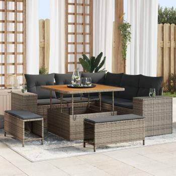 ARDEBO.de - 8-teiliges Garten Sofa Set mit Kissen Graues Poly Rattan Akazie, 3-teiliges Garten Esstisch Set mit Kissen Graues Poly Rattan Akazie
