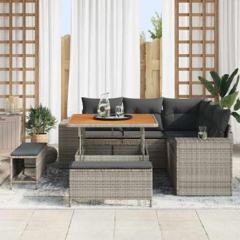 8-teiliges Garten Sofa Set mit Kissen Graues Poly Rattan Akazie, 3-teiliges Garten Esstisch Set mit Kissen Graues Poly Rattan Akazie
