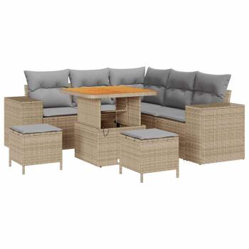 8-teiliges Garten Sofaset mit Kissen Beige Poly Rattan Akazie, 3-teiliges Garten Esstischset mit Kissen Beige Poly Rattan Akazie