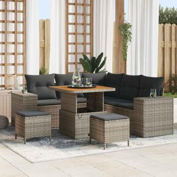 ARDEBO.de - 8-teiliges Gartensofa Set mit Kissen Grau Poly Rattan Akazie, 3-teiliges Garten Essset mit Kissen Grau Poly Rattan Akazie