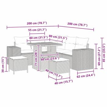 8-teiliges Gartensofa Set mit Kissen Grau Poly Rattan Akazie, 3-teiliges Garten Essset mit Kissen Grau Poly Rattan Akazie