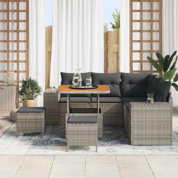 8-teiliges Gartensofa Set mit Kissen Grau Poly Rattan Akazie, 3-teiliges Garten Essset mit Kissen Grau Poly Rattan Akazie