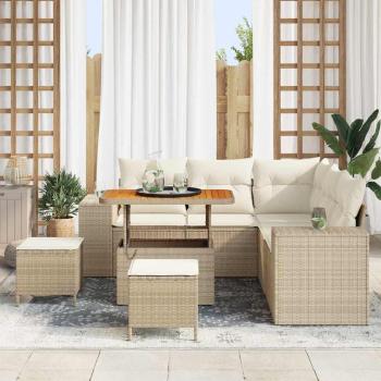 8-teiliges Garten-Sofa-Set mit Kissen Beige Poly Rattan Akazie, 3-teiliges Garten-Dining-Set mit Kissen Beige Poly Rattan Akazie