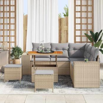 8-teiliges Garten Sofa Set mit Kissen Beige Poly Rattan Akazie, 3-teiliges Garten Esstisch Set mit Kissen Beige Poly Rattan Akazie
