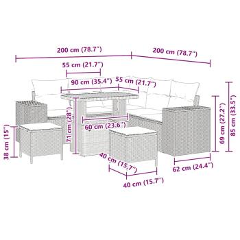 8-teiliges Garten-Sofa-Set mit Kissen Grau Poly-Rattan Akazie, 3-teiliges Garten-Ess-Set mit Kissen Grau Poly-Rattan Akazie