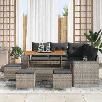 ARDEBO.de - 9-teiliges Garten Sofaset mit Kissen Grau Poly Rattan Akazie, 4-teiliges Garten Essset mit Kissen Grau Poly Rattan Akazie