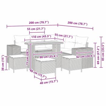 9-teiliges Garten Sofaset mit Kissen Grau Poly Rattan Akazie, 4-teiliges Garten Essset mit Kissen Grau Poly Rattan Akazie