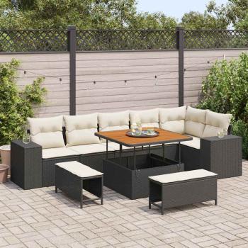 ARDEBO.de - 9-teilige Garten Sofa Set mit Kissen schwarzes Poly Rattan Akazie, 3-teiliges Garten Esstisch Set mit Kissen schwarzes Poly Rattan Akazie