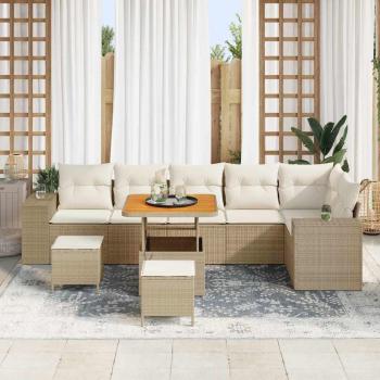 9-teiliges Garten Sofa Set mit Kissen Beige Poly Rattan, 3-teiliges Garten Essenset mit Kissen Beige Poly Rattan