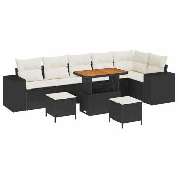 9-teiliges Garten Sofa Set mit Kissen Schwarz Poly Rattan, 3-teiliges Garten Esstisch Set mit Kissen Schwarz Poly Rattan