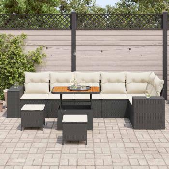 9-teiliges Garten Sofa Set mit Kissen Schwarz Poly Rattan, 3-teiliges Garten Esstisch Set mit Kissen Schwarz Poly Rattan