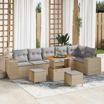 ARDEBO.de - 9-teilige Garten Sofa Set mit Kissen Beige Poly Rattan Akazie, 3-teilige Garten Esstisch Set mit Kissen Beige Poly Rattan Akazie