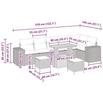 9-teiliges Garten Sofa Set mit Kissen Grau Poly Rattan Akazie, 3-teiliges Garten Essset mit Kissen Grau Poly Rattan Akazie