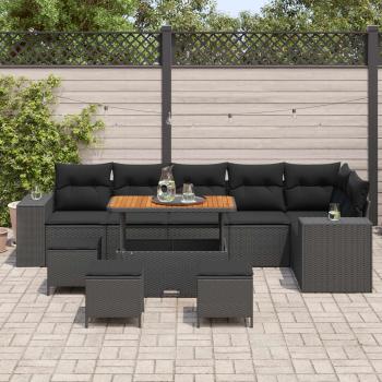 10-teiliges Garten Sofa Set mit Kissen Schwarz Poly Rattan Akazie, 4-teiliges Garten Esszimmer Set mit Kissen Schwarz Poly Rattan Akazie