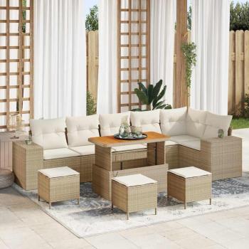 ARDEBO.de - 10-teiliges Garten Sofaset mit Kissen Beiger Poly Rattan Akazie, 4-teiliges Garten Essset mit Kissen Beiger Poly Rattan Akazie