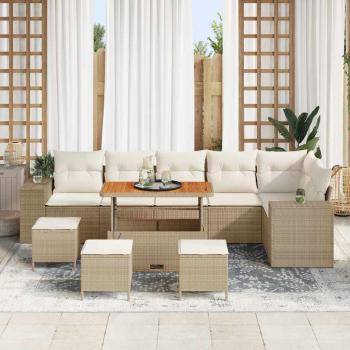 10-teiliges Garten Sofaset mit Kissen Beiger Poly Rattan Akazie, 4-teiliges Garten Essset mit Kissen Beiger Poly Rattan Akazie