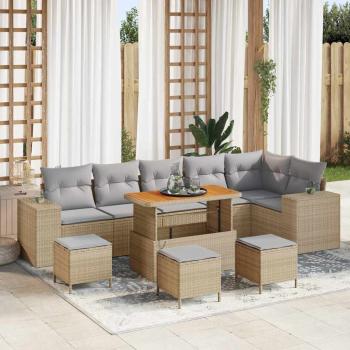 ARDEBO.de - 10-teiliges Garten Sofa Set mit Kissen Beige Poly Rattan Akazie, 4-teiliges Garten Ess-Set mit Kissen Beige Poly Rattan Akazie