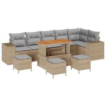 10-teiliges Garten Sofa Set mit Kissen Beige Poly Rattan Akazie, 4-teiliges Garten Ess-Set mit Kissen Beige Poly Rattan Akazie