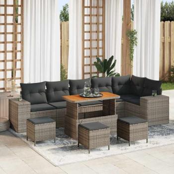 ARDEBO.de - 10-teiliges Garten Sofa Set mit Kissen grau Poly Rattan Akazie, 4-teiliges Garten Essenset mit Kissen grau Poly Rattan Akazie