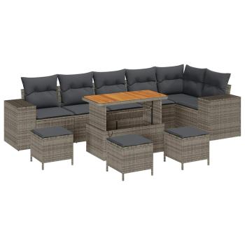 10-teiliges Garten Sofa Set mit Kissen grau Poly Rattan Akazie, 4-teiliges Garten Essenset mit Kissen grau Poly Rattan Akazie