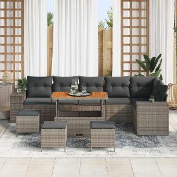 10-teiliges Garten Sofa Set mit Kissen grau Poly Rattan Akazie, 4-teiliges Garten Essenset mit Kissen grau Poly Rattan Akazie
