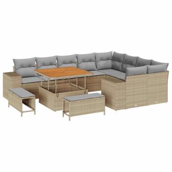 12-teilige Garten Sofa Set mit Kissen Beige Poly Rattan Akazie, 3-teilige Garten Essgruppe mit Kissen Beige Poly Rattan Akazie