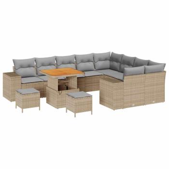 12-teiliges Garten-Sofa Set mit Kissen Beige Poly Rattan Akazie, 3-teiliges Garten-Dining Set mit Kissen Beige Poly Rattan Akazie