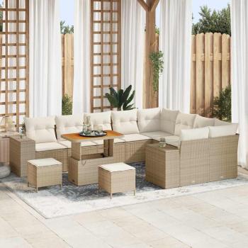 ARDEBO.de - 12-teiliges Garten Sofa Set mit Kissen Beige Poly Rattan Acacia, 3-teiliges Garten Essset mit Kissen Beige Poly Rattan Acacia