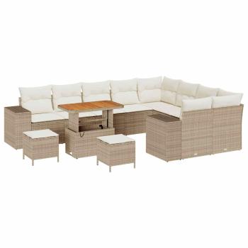 12-teiliges Garten Sofa Set mit Kissen Beige Poly Rattan Acacia, 3-teiliges Garten Essset mit Kissen Beige Poly Rattan Acacia