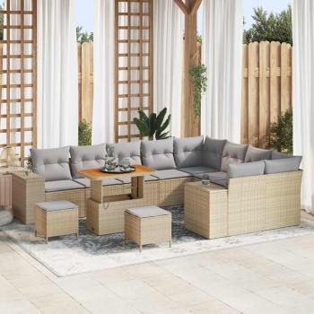 ARDEBO.de - 12-teiliges Garten-Sofa-Set mit Kissen Beige Poly-Rattan Akazie, 3-teiliges Garten-Dining-Set mit Kissen Beige Poly-Rattan Akazie