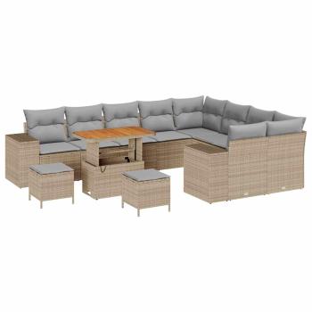 12-teiliges Garten-Sofa-Set mit Kissen Beige Poly-Rattan Akazie, 3-teiliges Garten-Dining-Set mit Kissen Beige Poly-Rattan Akazie
