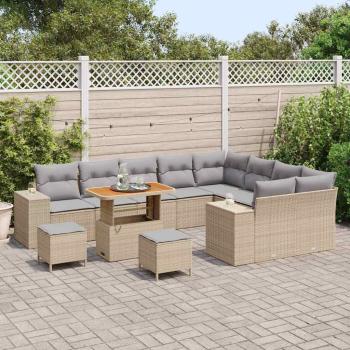12-teiliges Garten-Sofa-Set mit Kissen Beige Poly-Rattan Akazie, 3-teiliges Garten-Dining-Set mit Kissen Beige Poly-Rattan Akazie