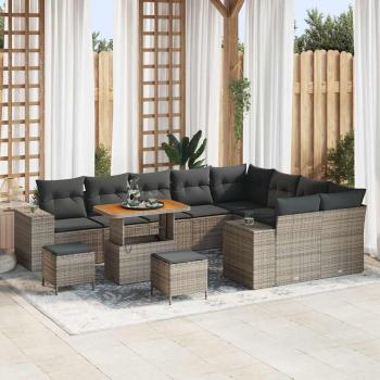 ARDEBO.de - 12-teiliges Garten-Sofa-Set mit Kissen in Grau, Poly-Rattan, Akazie, 3-teiliges Garten-Ess-Set mit Kissen in Grau, Poly-Rattan, Akazie