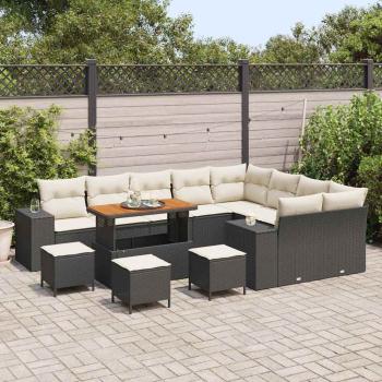 13-teilige Garten Sofaset mit Kissen Schwarz Poly Rattan Akazie, 4-teiliges Garten Esstischset mit Kissen Schwarz Poly Rattan Akazie